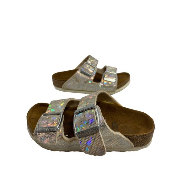 Birkenstock Kids Silver Holographic Arizona Double-Buckle Sandals Size 26 US 8 - Picture 6 of 9